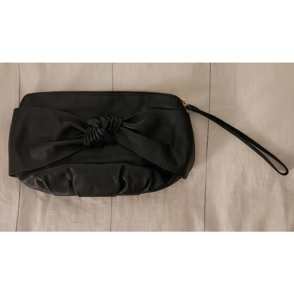 Antonio Melani Black Leather Gold Trim Wristlet Clutch EUC $99